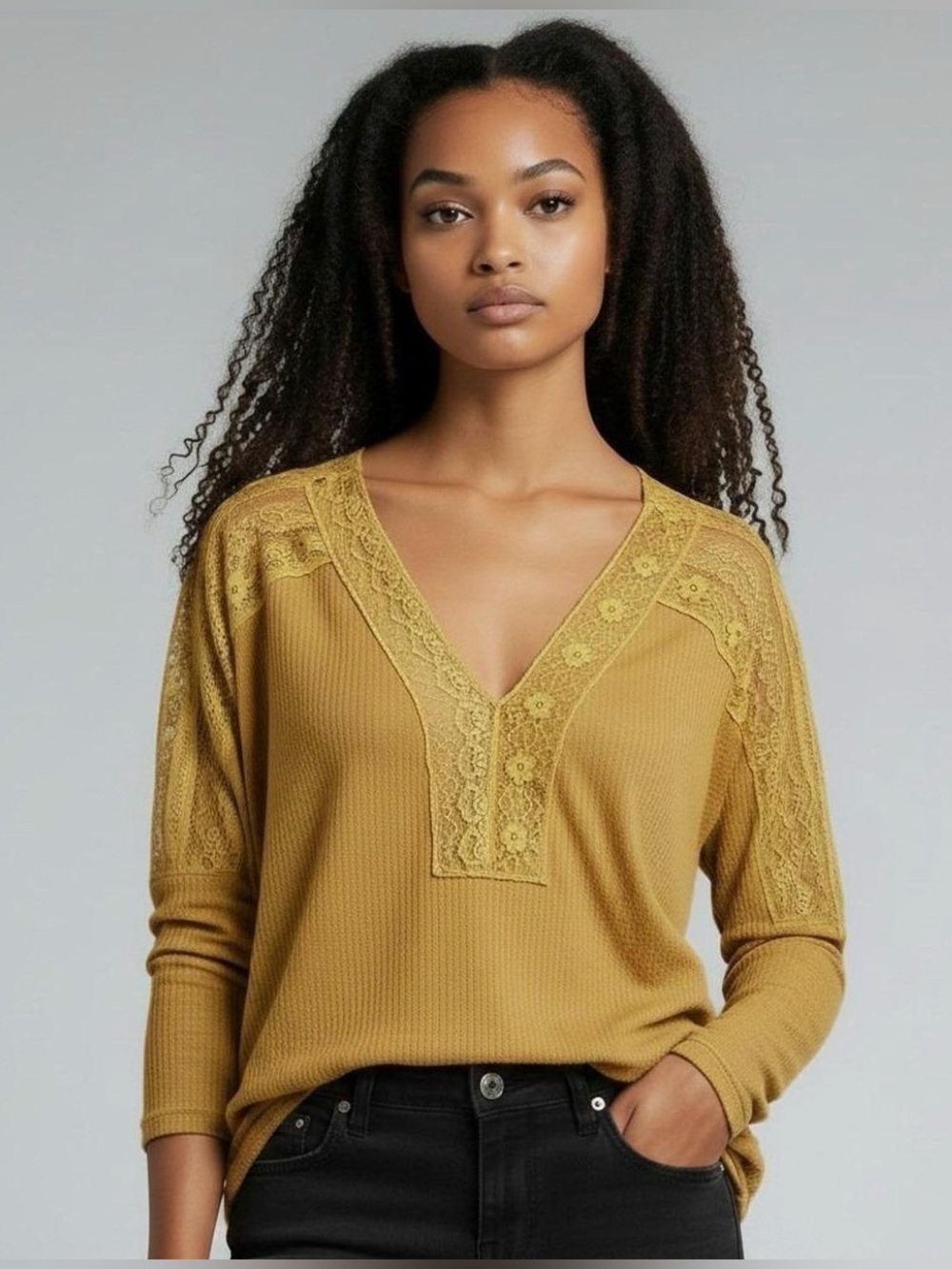 Free People Mustard Gold Lace V-Neck Long Sleeve Ribbed Top Size Medium Boho